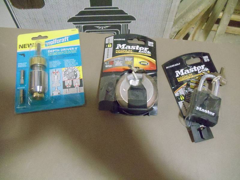 lot 240 image: NEW Wolcraft Depth Driver and Qty 2 Master Locks