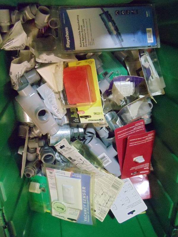lot 313 image: NEW Entire Bin Electrical Fittings, Motion Sensor Switch and SO MUCH MORE  GREEN BIN NOT INCLUDED