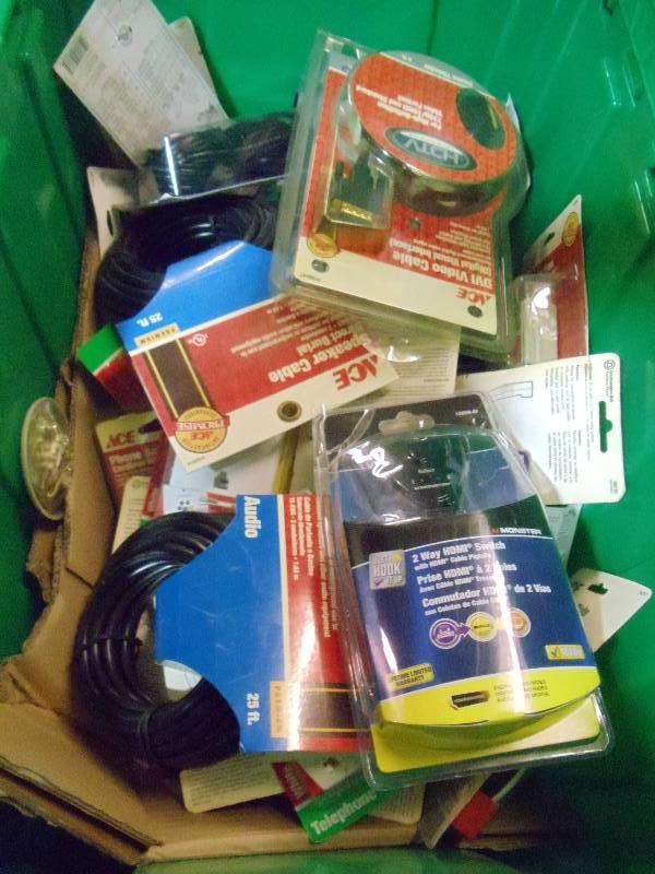 lot 314 image: NEW Entire Bin AV Cables and MORE incl HDMI Switches and Cables, Coax Cables, Phone Cables, RCA Cables PLUS PLUS PLUS  GREEN BIN NOT INCLUDED
