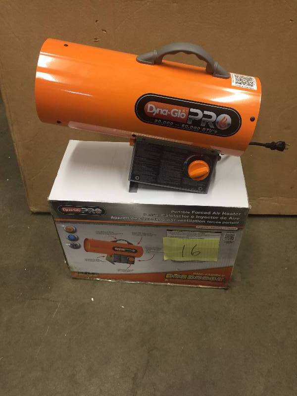 lot 16 image: 60K BTU Forced Air Propane Portable Heater no gas Kit