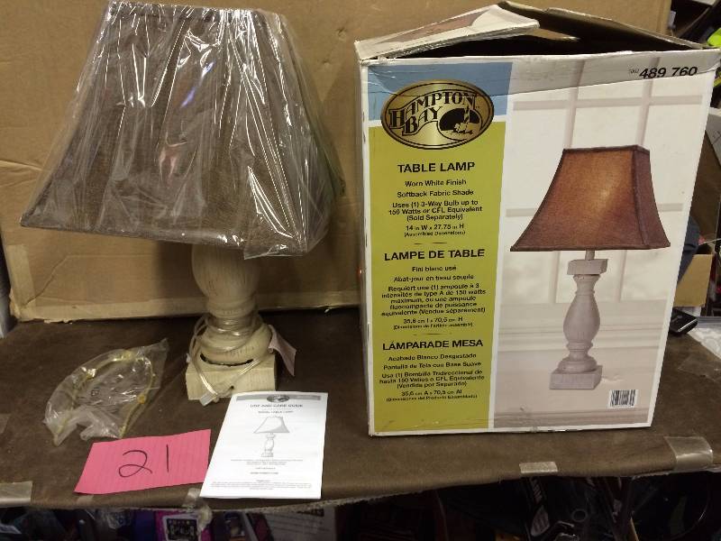 lot 21 image: Hampton Bay Duval 27.75 in. Weathered White Table Lamp  base is broken