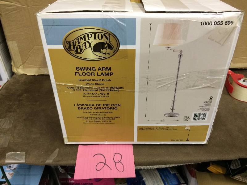 lot 28 image: Hampton Bay 59 in. Brushed Nickel Swing-Arm Floor Lamp with Fabric Shade-F319001A BN New