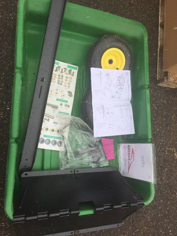lot 13 image: John Deere 450 lb. 7 cu. ft. Tow-Behind Poly Utility Cart New missing Axle