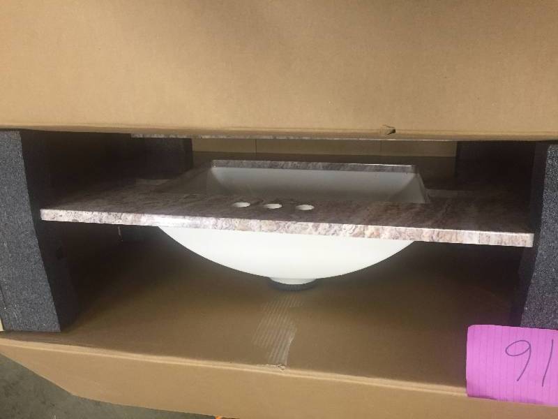 lot 16 image: 37 in. Stone Effects Vanity Top in Mayan Ivory with White Basin New