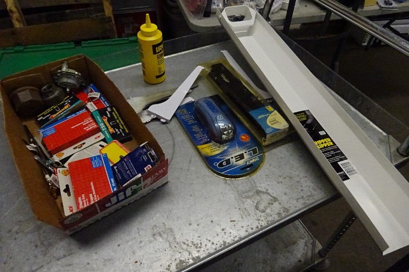 Staples, light, gutter, brackets, caulk