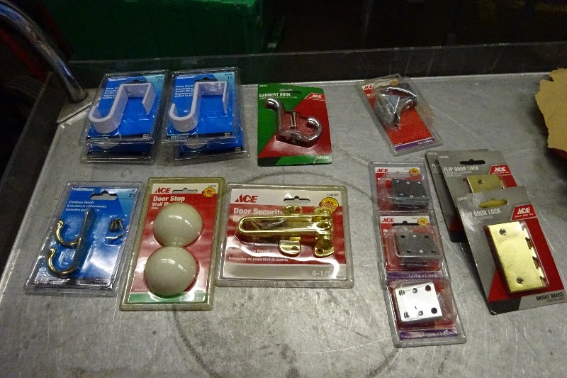 Clothes hooks, door stops, door security guard over door hooks, garment hooks, chair brace, mending brace, flip door locks