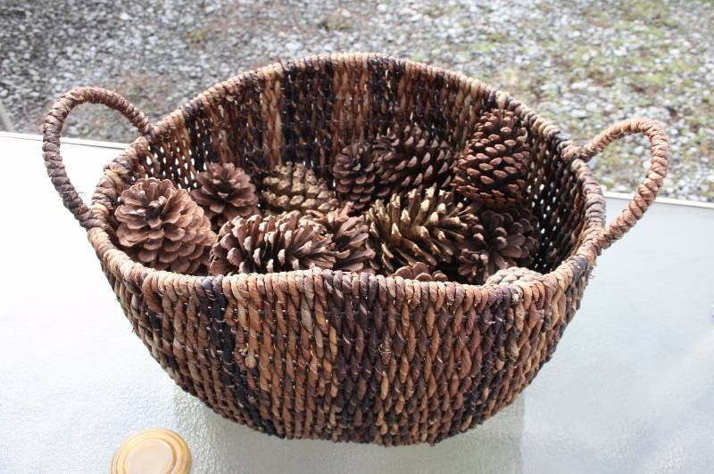 Basket with Pine Cones and Greenery