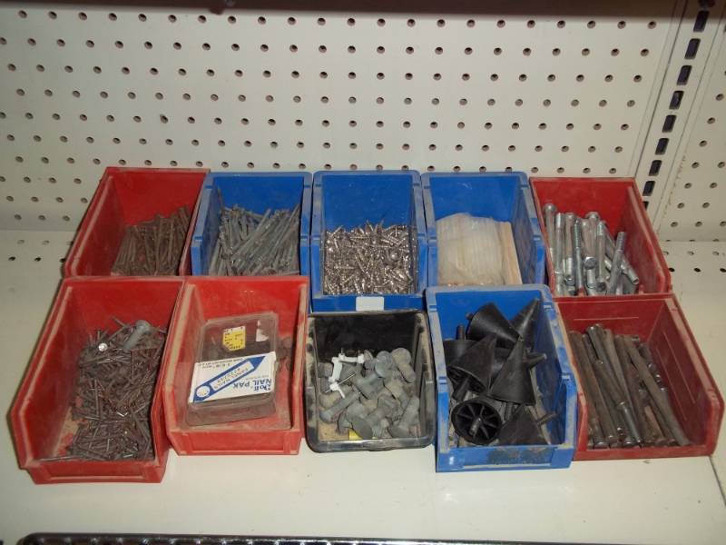 lot 5 image: lot of 10 plastic bin with assorted hardware (screws,nails,bolts)