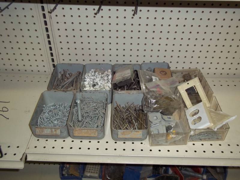 lot 12 image: lot of 10 plastic bins with nails, fasteners, bolts, outlet covers
