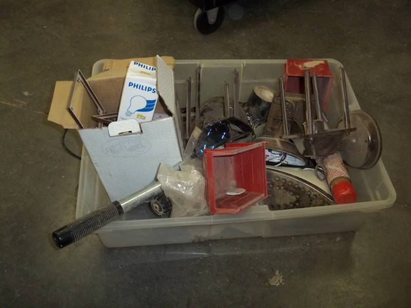 lot 51 image: plastic bin w light bulbs, safety glasses, iron, shrink wrap