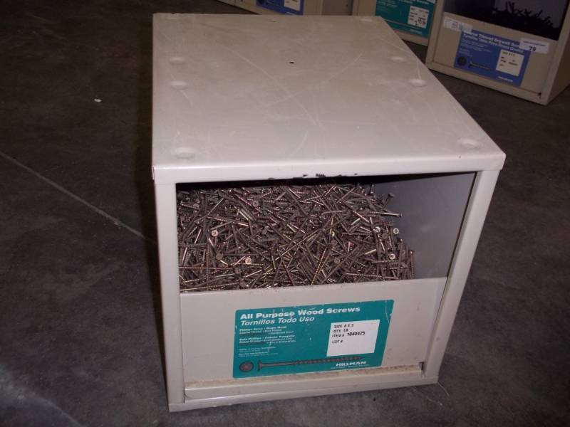 lot 80 image: metal storage box with 3 wood screws 45lbs total weight with box