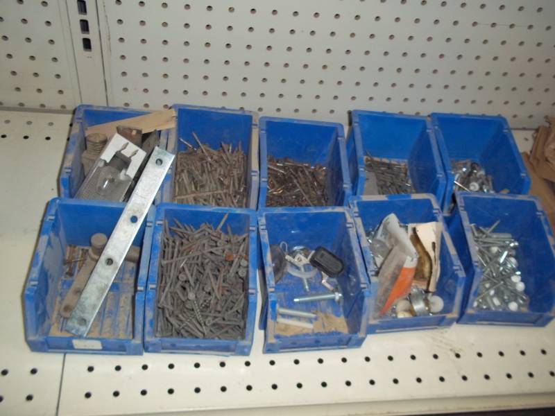 lot 96 image: 10 bins wassorted screws, table leg pads