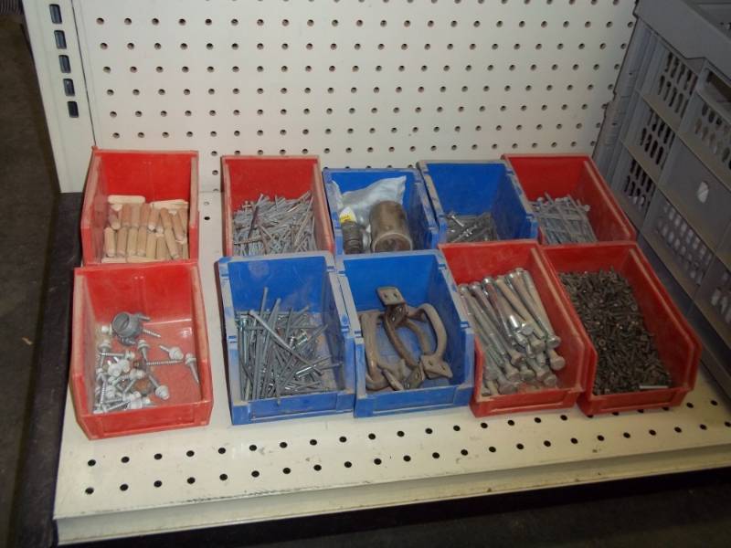 lot 98 image: 10 bins wdowels, nails, screws, bolts, door pulls
