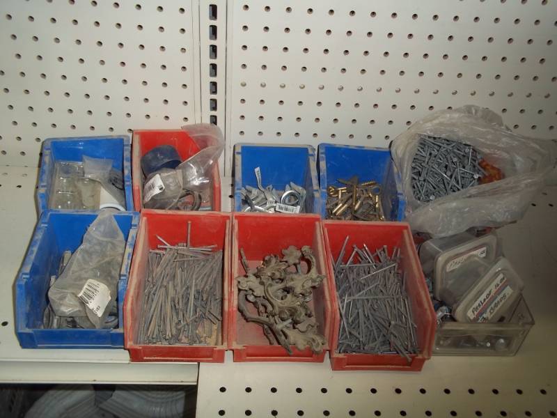 lot 145 image: 10 bins wnails, drawer pulls, wire grommets, wire rope thimbles, eye bolts