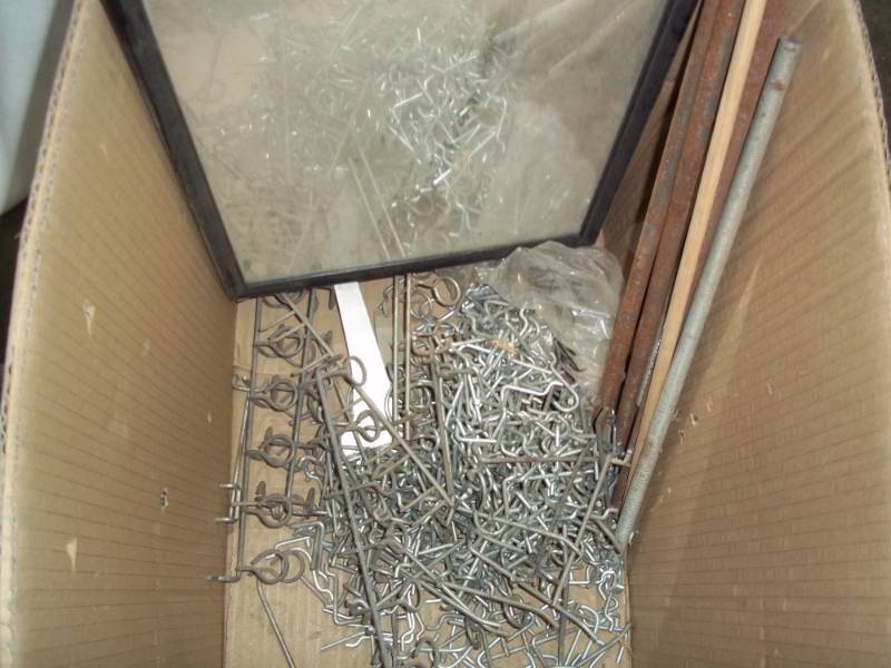 lot 181 image: box of peg hooks, mirror, threaded rods, strainer