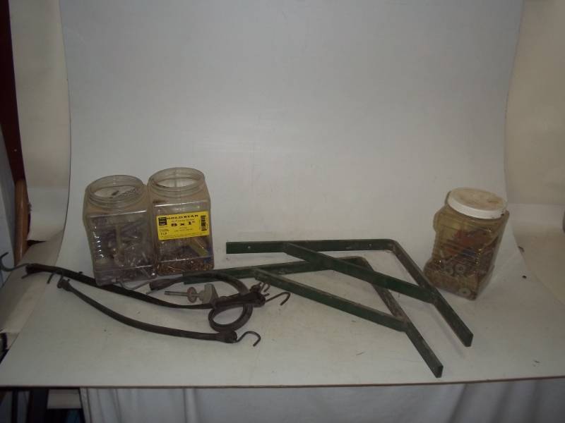 lot 188 image: heavy duty shelf brackets 15, bungees cords, 3 containers of hardware