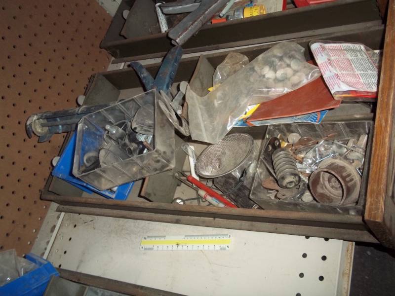 lot 233 image: steel drawer wcalking gun, upholstery buttons, cable splitter, funnel drawer included