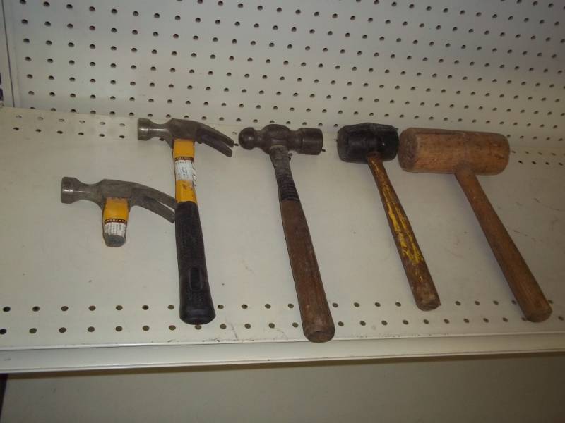 lot 247 image: assorted hammers- wood mallet, rubber mallet, ball peen, claw, broken claw