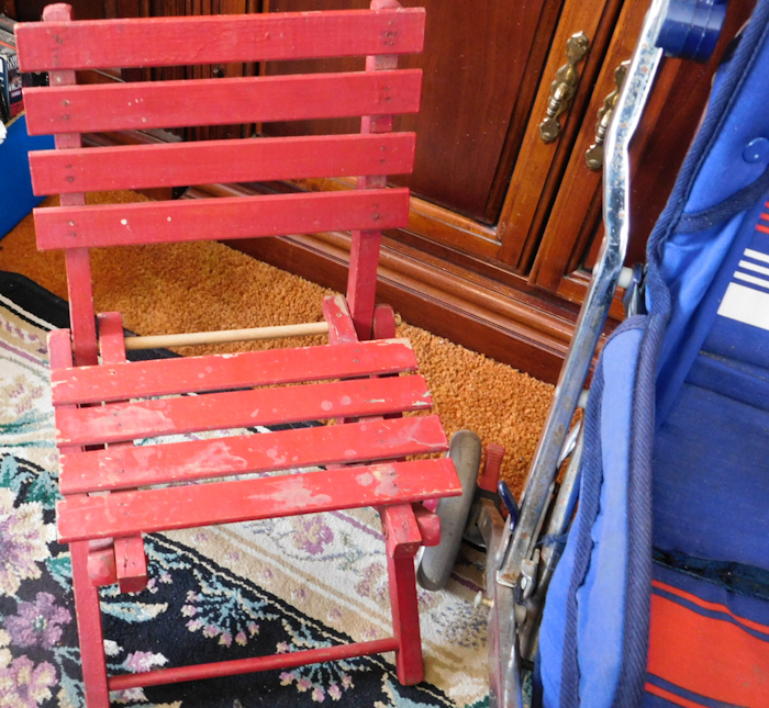 lot 16 image: child folding wooden chair and a stroller