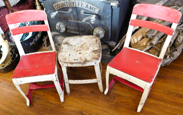 lot 29 image: two vintage childrens metal and wood chairs and a metal stool