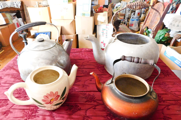lot 42 image: 4 teapots metal and ceramic