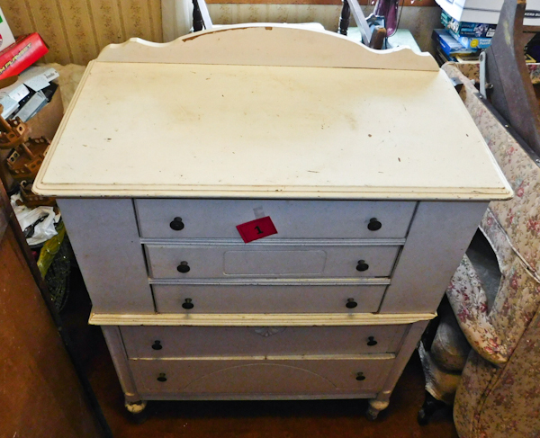 lot 1 image: Vintage five drawer dresser tall boy in good condition matches items in lot #2
