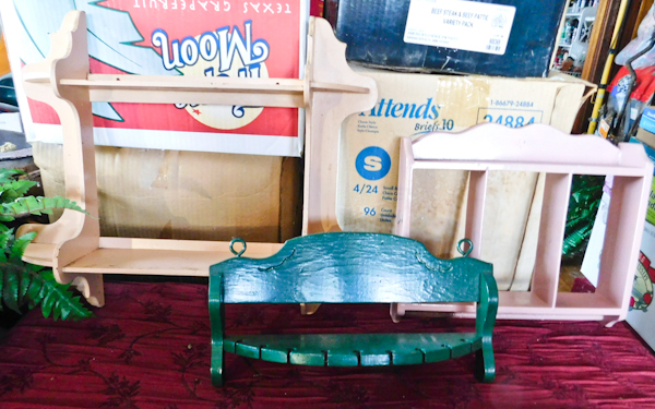 lot 84 image: 3 wooden wall shelf decor items