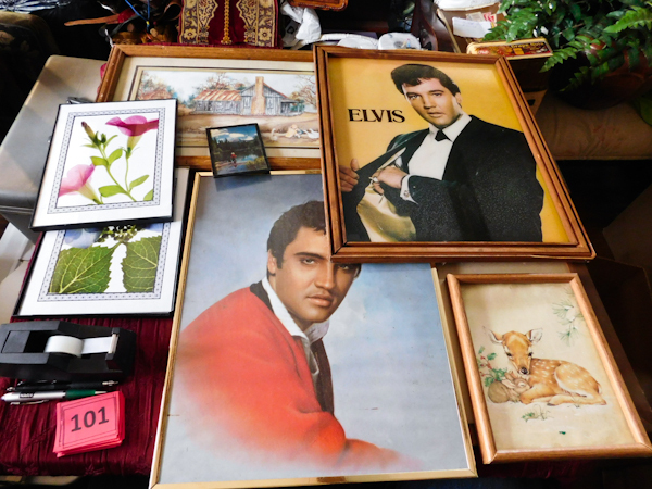 lot 101 image: two framed Elviss and more