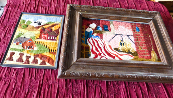 lot 102 image: Embroidery art Betsy Ross American flag and farm scene