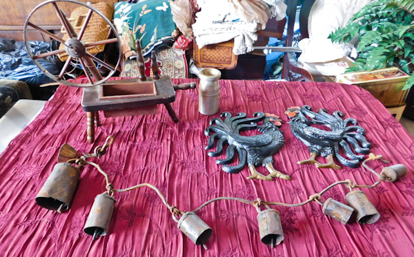 lot 107 image: metal bells, rooster art, machined milk can replica and more