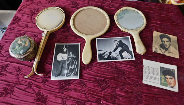 lot 135 image: vintage hand mirrors Elvis photos and music box