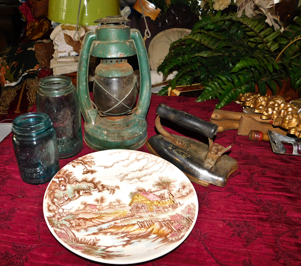 lot 165 image: ball jars vintage green lantern iron decorative plate