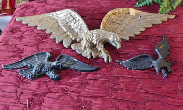 lot 174 image: three metal eagles wall art could be repurposed or used in a project
