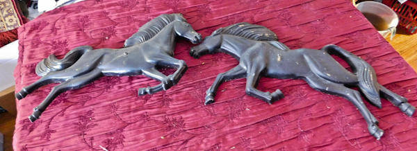 lot 176 image: two metal horses wall art could be repurposed or used in a project