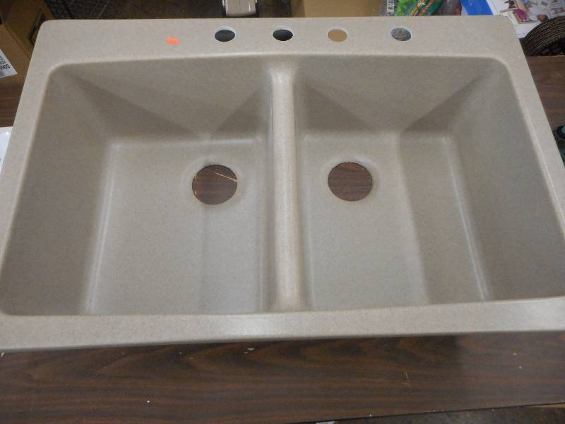 lot 28 image: NEW - Waterbrook Dual Mount Composite Granite 33 in. 4-Hole Double Bowl Kitchen Sink in Desert Sand
