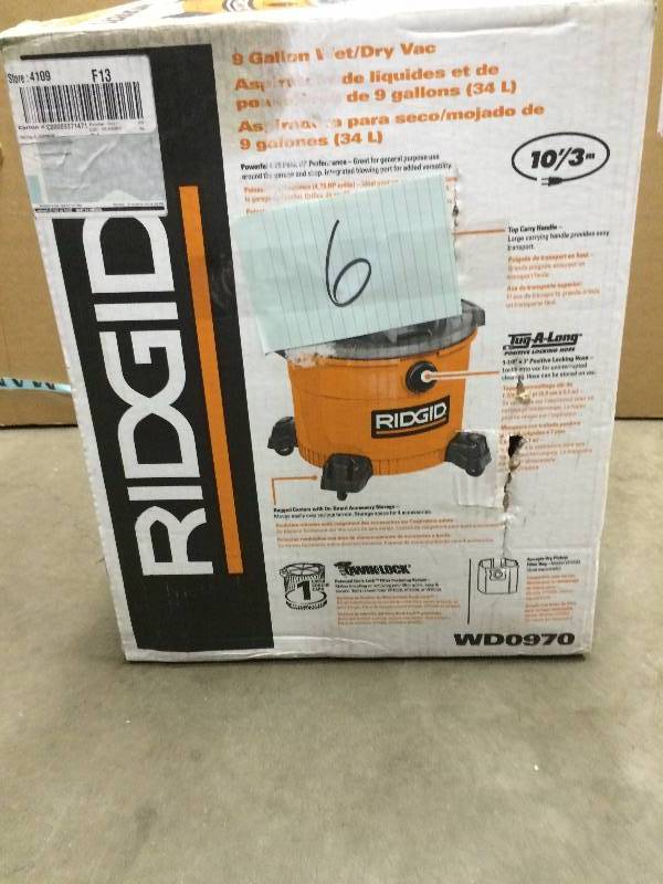 lot 6 image: RIDGID 9-gal. WetDry Vacuum WD0970 New