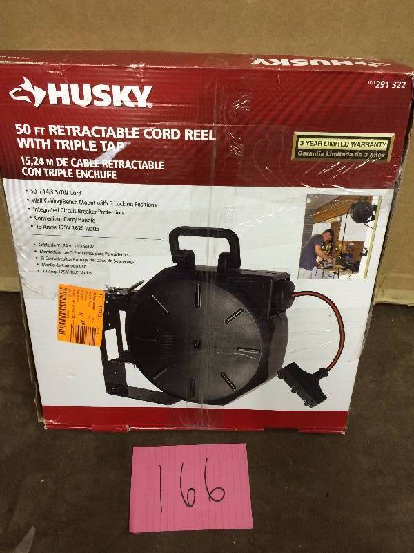 lot 166 image: Husky 50 Retractable Cord Reel with Triple Tap