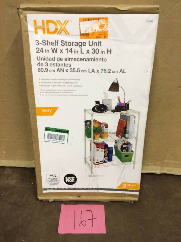 lot 167 image: HDX 3 Shelf Storage Unit 24 in x 14 in x 30 in New