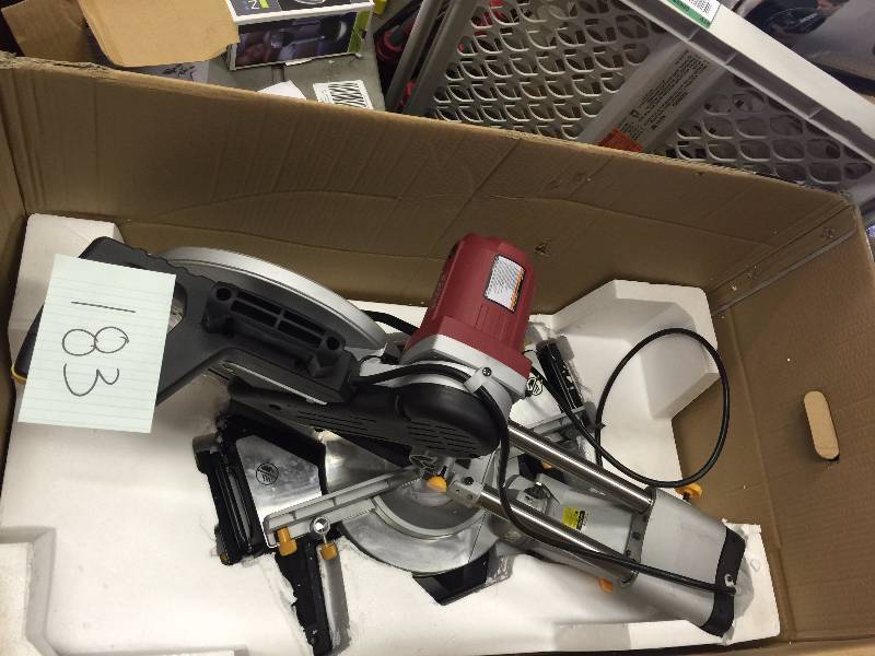 lot 183 image: Chicago Electric 12 In Double Bevel Sliding Miter Saw - new  works- has a broken part and is missing dut bag