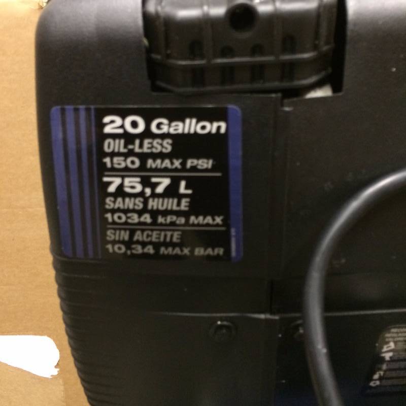 lot 23 image: CH 20 Gal Compressor Oil Less new missing wheels hardware cracked cover