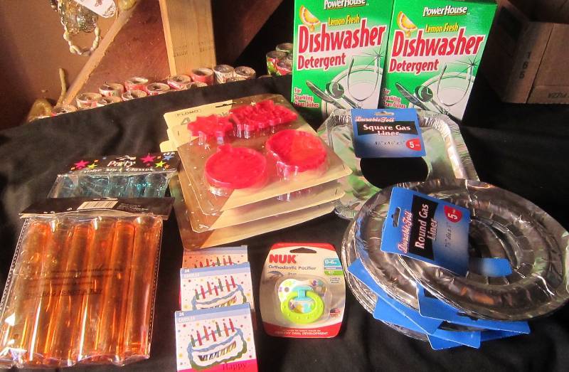 NEW LOT - Dish Washer Detergent, Cookie Cutters, Gas Stove Liners, Birthday Candles, Pacifier