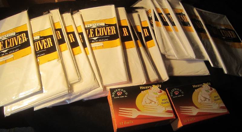 NEW - 2 Boxes of Plastic Silverware - 20 -84 Plastic Round Tableclothes