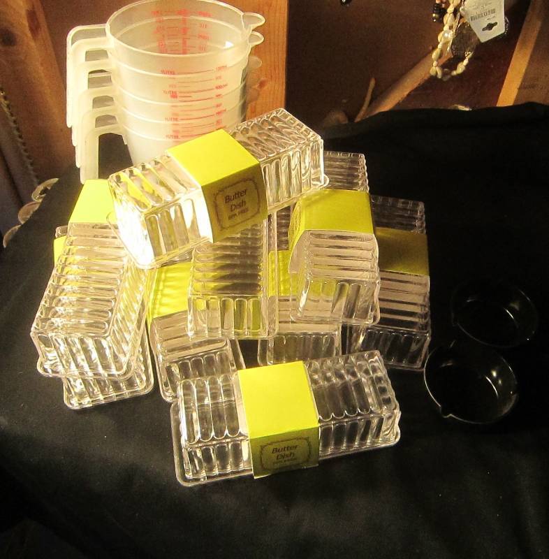NEW LOT - 9 Butter Dishes, 5 Measuring Cups & 2 Ashtrays