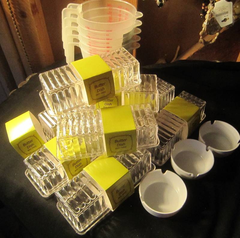 NEW LOT - 9 Butter Dishes, 5 Measuring Cups & 2 Ashtrays