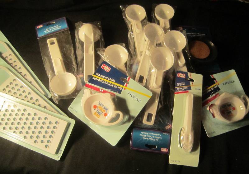 NEW LOT - 2 sets of 4 Teabag Holders, 1 Set of 6 Coaster, 8 Ice Cream Scoops, Measuring Spoons, 3 Graters