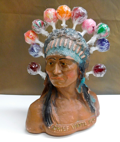 lot 1 image: Antique candy store display Chief Watta Pop lollipop display