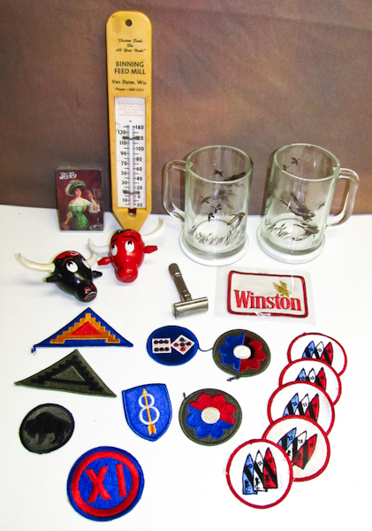 lot 71 image: Military Patches, vintage mugs, razor & more