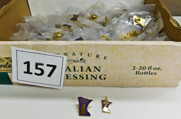 lot 157 image: giant lot of pinbacks and pendants shaped Minnesota