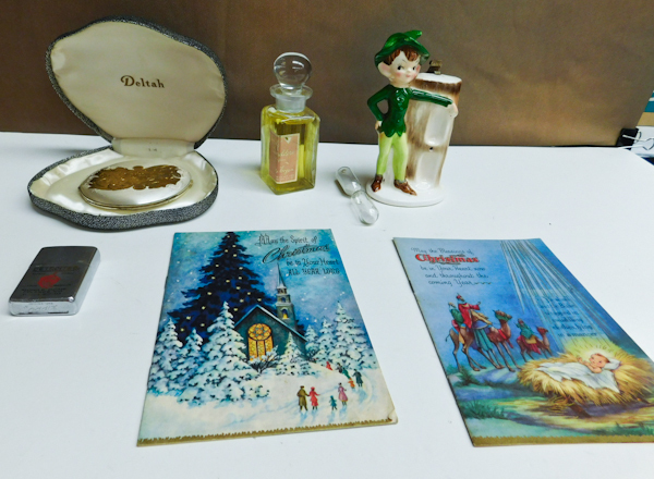 lot 201 image: vintage Christmas cards, elf with hour glass, Advertising lighter and more