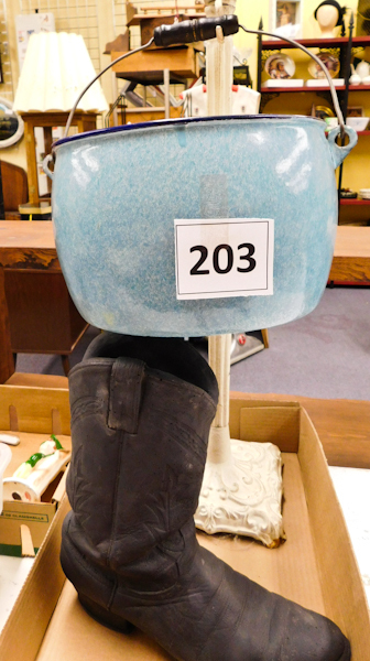 lot 203 image: chalkware boot was a lamp, enamel pot cloth sugar bag and a stand with a hook